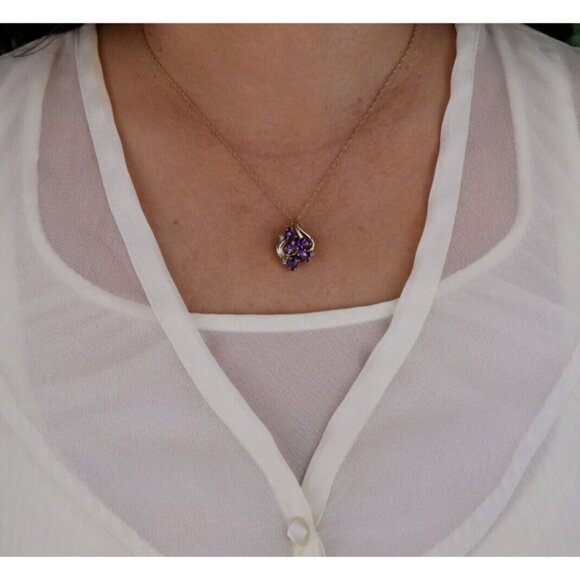 10k Yellow Gold Natural Amethyst & Diamond Necklace 18" Chain - Picture 4 of 7